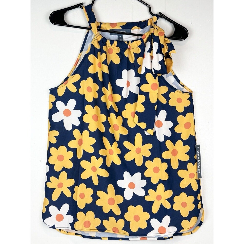 ModCloth MED Blouse Sleeveless Retro 60s Daisy Navy Yellow  Blue Tie Neck NEW